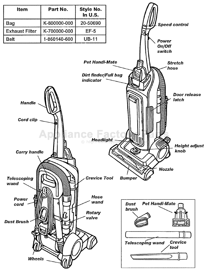 Kenmore 216.37105700 Parts Vacuum Cleaners
